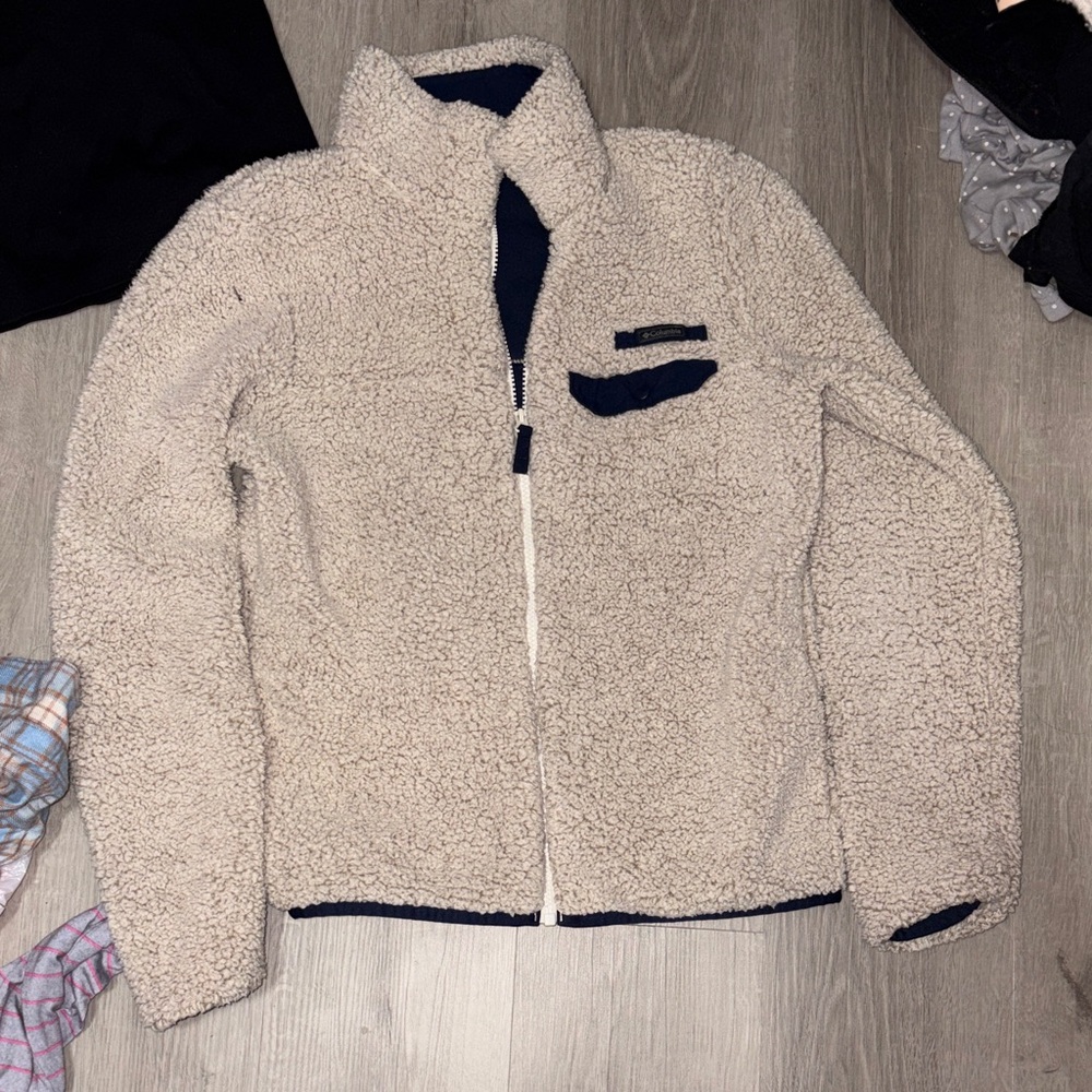 Columbia Cozy Cream Sherpa Zip Jacket with Navy Accents